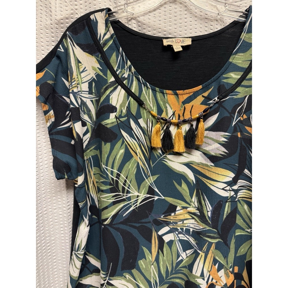 With Love Women's Tropical Leaf Green Yellow Brown Tassel Necklace Blouse SZ L - Picture 4 of 10